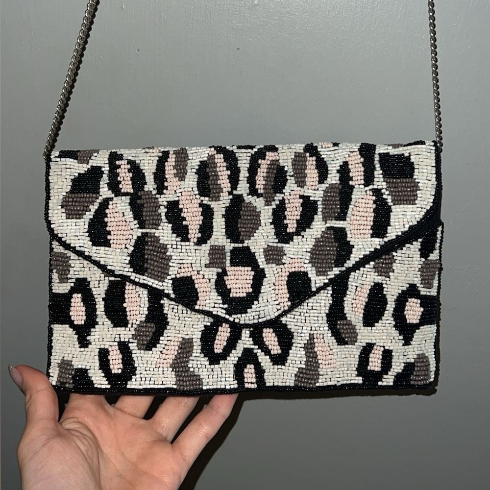 Leopard Print Beaded Clutch